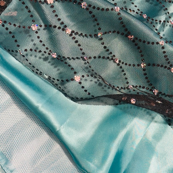 Blue-Green Vintage Party Dress w/ Mesh Tulle Overlay - Picture 7 of 7